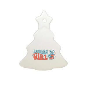 Retro Groovy American Girl Peace Hand 4th Of July Patriotic Ceramic Tree Ornament