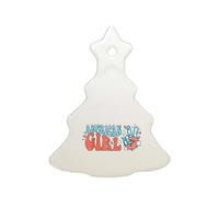 Retro Groovy American Girl Peace Hand 4th Of July Patriotic Ceramic Tree Ornament