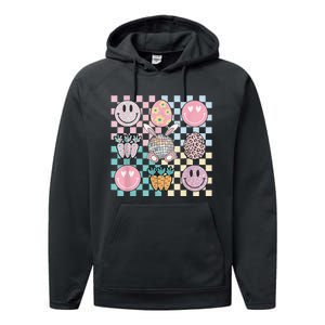 Retro Groovy Bunny Smile Disco Eggs Carrot Happy Easter Day Performance Fleece Hoodie