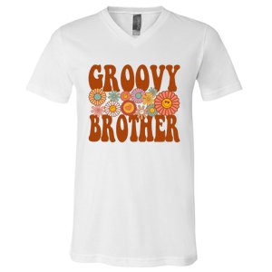 Retro Groovy Brother Matching Family 1st Birthday Party V-Neck T-Shirt