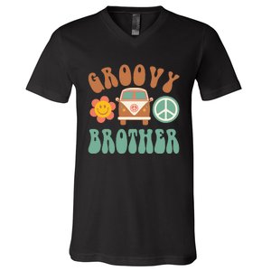 Retro Groovy Brother Matching Family Birthday Party V-Neck T-Shirt