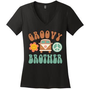 Retro Groovy Brother Matching Family Birthday Party Women's V-Neck T-Shirt