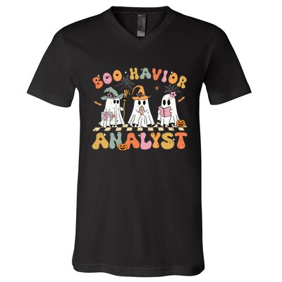 Retro Ghost Boo Havior Analyst Therapist Bcba Halloween V-Neck T-Shirt