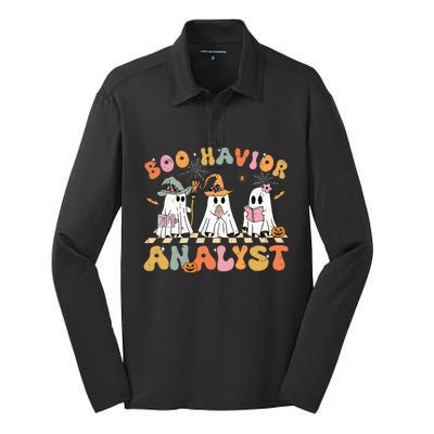 Retro Ghost Boo Havior Analyst Therapist Bcba Halloween Silk Touch Performance Long Sleeve Polo