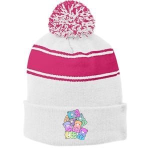 Rainbow Gummy Bear Design Kawaii Aesthetic Ns Stripe Pom Pom Beanie