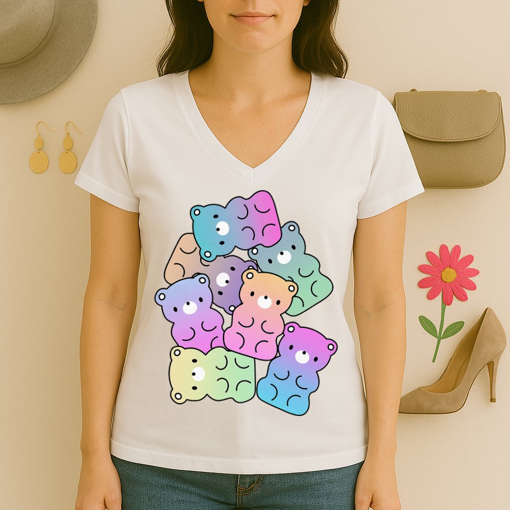 Rainbow Gummy Bear Design Kawaii Aesthetic Ns Women's V-Neck T-Shirt