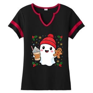 Retro Ghost Beanie Christmas Holiday Xmas Coffee Gingerbread Tank Top Ladies Halftime Notch Neck Tee