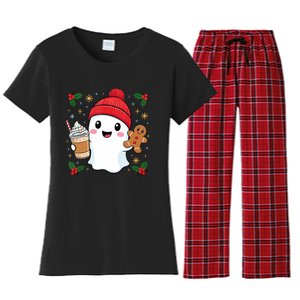 Retro Ghost Beanie Christmas Holiday Xmas Coffee Gingerbread Tank Top Women's Flannel Pajama Set