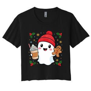 Retro Ghost Beanie Christmas Holiday Xmas Coffee Gingerbread Tank Top Women's Crop Top Tee