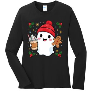 Retro Ghost Beanie Christmas Holiday Xmas Coffee Gingerbread Tank Top Ladies Long Sleeve Shirt