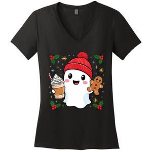 Retro Ghost Beanie Christmas Holiday Xmas Coffee Gingerbread Tank Top Women's V-Neck T-Shirt