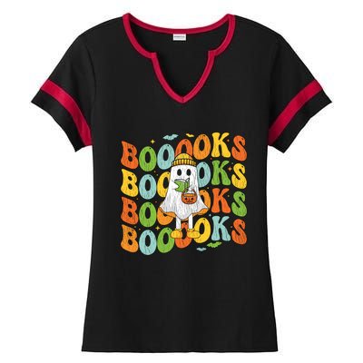 Retro Groovy Boooks Ghost Halloween Librarian Teacher Book Gift Ladies Halftime Notch Neck Tee