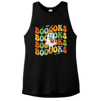 Retro Groovy Boooks Ghost Halloween Librarian Teacher Book Gift Ladies PosiCharge Tri-Blend Wicking Tank