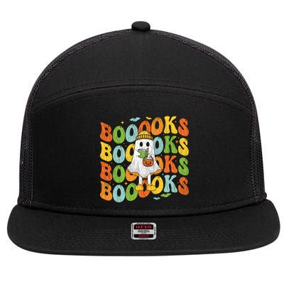 Retro Groovy Boooks Ghost Halloween Librarian Teacher Book Gift 7 Panel Mesh Trucker Snapback Hat