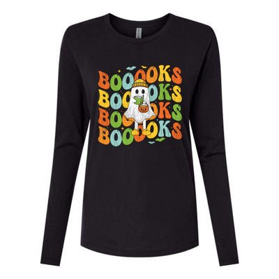 Retro Groovy Boooks Ghost Halloween Librarian Teacher Book Gift Womens Cotton Relaxed Long Sleeve T-Shirt