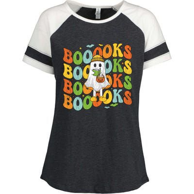 Retro Groovy Boooks Ghost Halloween Librarian Teacher Book Gift Enza Ladies Jersey Colorblock Tee