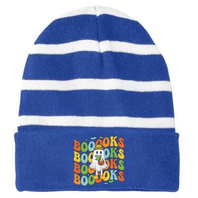 Retro Groovy Boooks Ghost Halloween Librarian Teacher Book Gift Striped Beanie with Solid Band