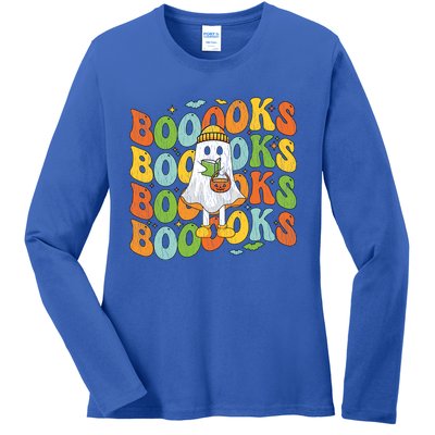 Retro Groovy Boooks Ghost Halloween Librarian Teacher Book Gift Ladies Long Sleeve Shirt