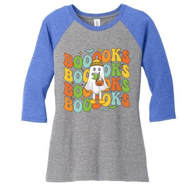 Retro Groovy Boooks Ghost Halloween Librarian Teacher Book Gift Women's Tri-Blend 3/4-Sleeve Raglan Shirt