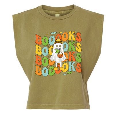 Retro Groovy Boooks Ghost Halloween Librarian Teacher Book Gift Garment-Dyed Women's Muscle Tee