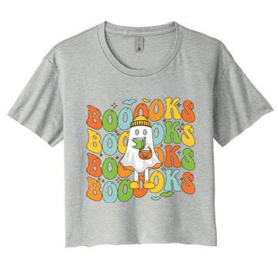 Retro Groovy Boooks Ghost Halloween Librarian Teacher Book Gift Women's Crop Top Tee