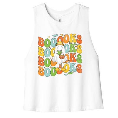 Retro Groovy Boooks Ghost Halloween Librarian Teacher Book Gift Women's Racerback Cropped Tank