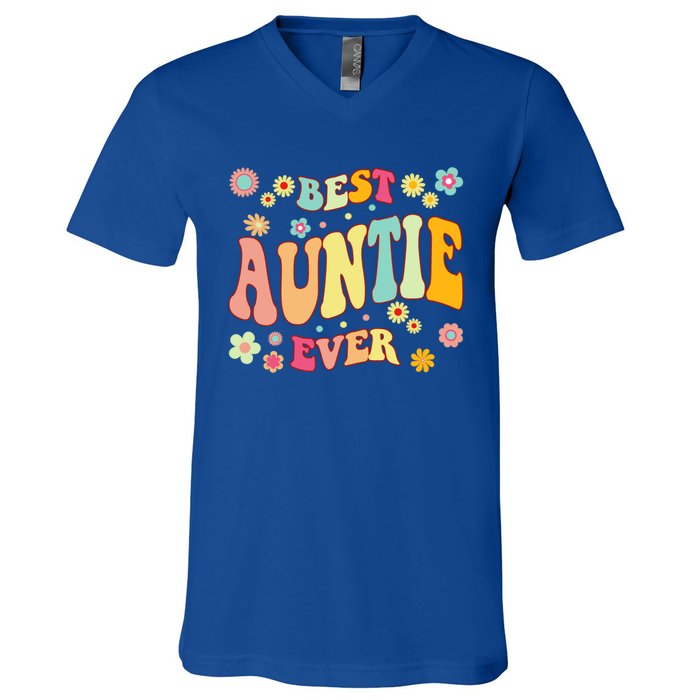 Retro Groovy Best Auntie Ever Mothers Day Funny Gift V-Neck T-Shirt