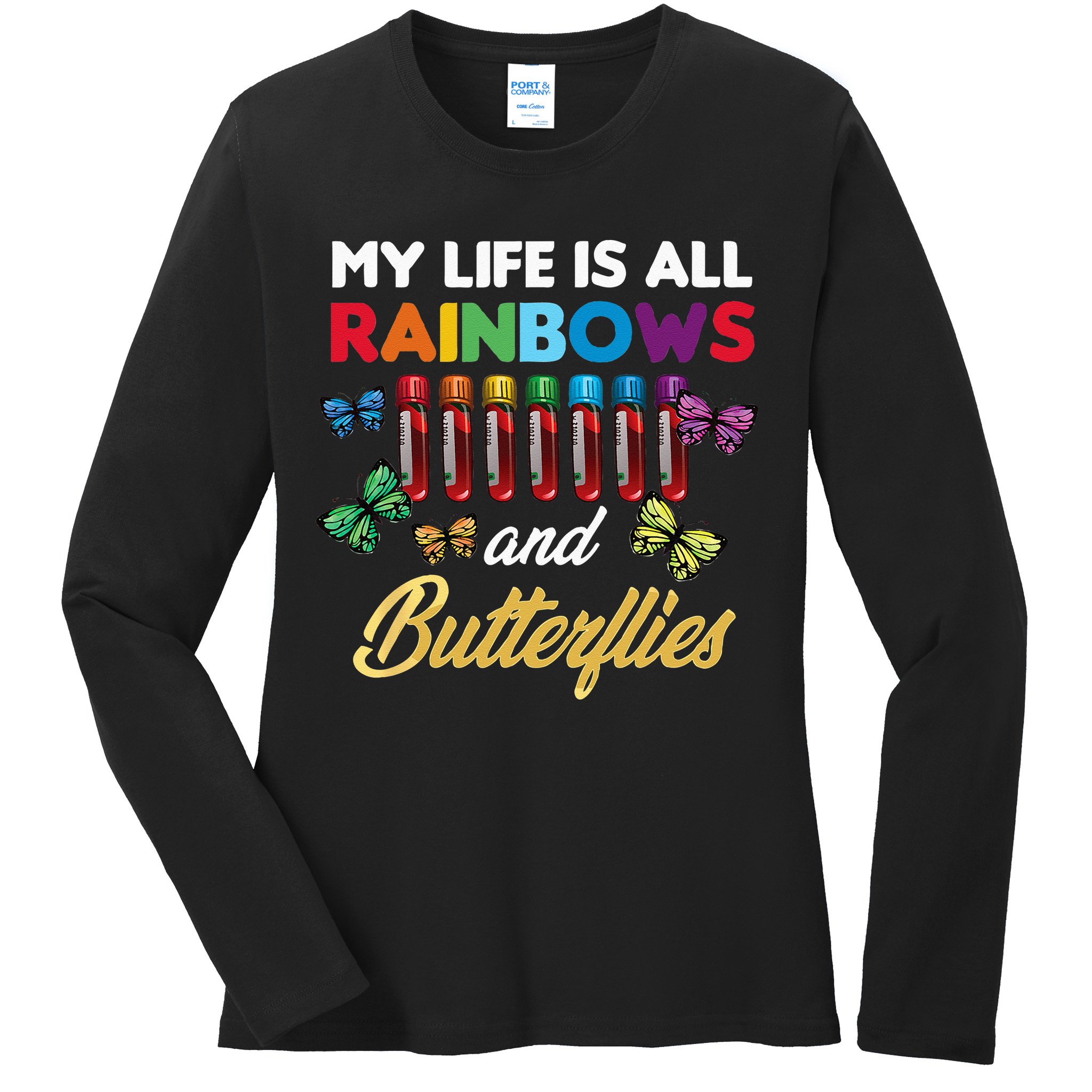 Reaction Glass Butterfly Rainbow Phlebotomist Laboratory Ladies Long Sleeve Shirt