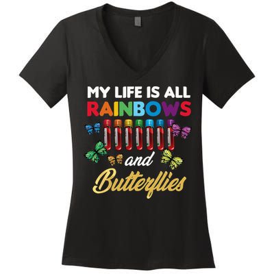 Reaction Glass Butterfly Rainbow Phlebotomist Laboratory Women's V-Neck T-Shirt