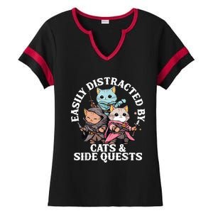 Rpg Gamer Cats Side Quest Distracted Nerdy Tabletop Fun Ladies Halftime Notch Neck Tee