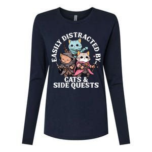 Rpg Gamer Cats Side Quest Distracted Nerdy Tabletop Fun Womens Cotton Relaxed Long Sleeve T-Shirt