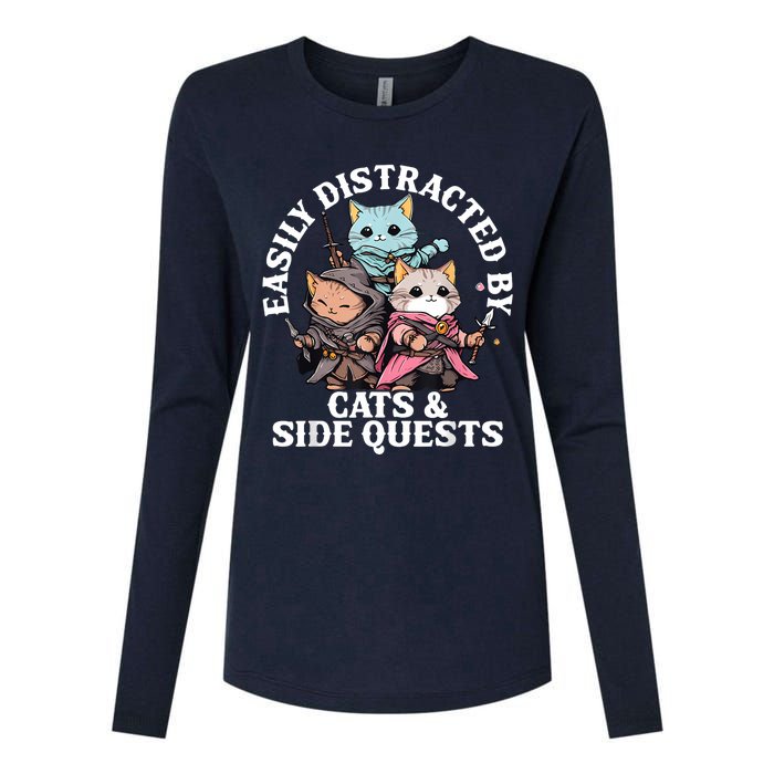 Rpg Gamer Cats Side Quest Distracted Nerdy Tabletop Fun Womens Cotton Relaxed Long Sleeve T-Shirt