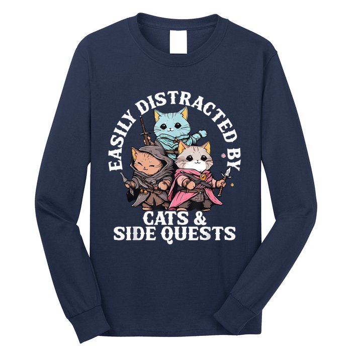 Rpg Gamer Cats Side Quest Distracted Nerdy Tabletop Fun Long Sleeve Shirt