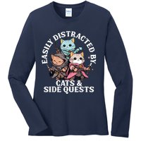 Rpg Gamer Cats Side Quest Distracted Nerdy Tabletop Fun Ladies Long Sleeve Shirt