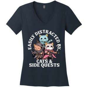 Rpg Gamer Cats Side Quest Distracted Nerdy Tabletop Fun Women's V-Neck T-Shirt