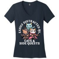 Rpg Gamer Cats Side Quest Distracted Nerdy Tabletop Fun Women's V-Neck T-Shirt