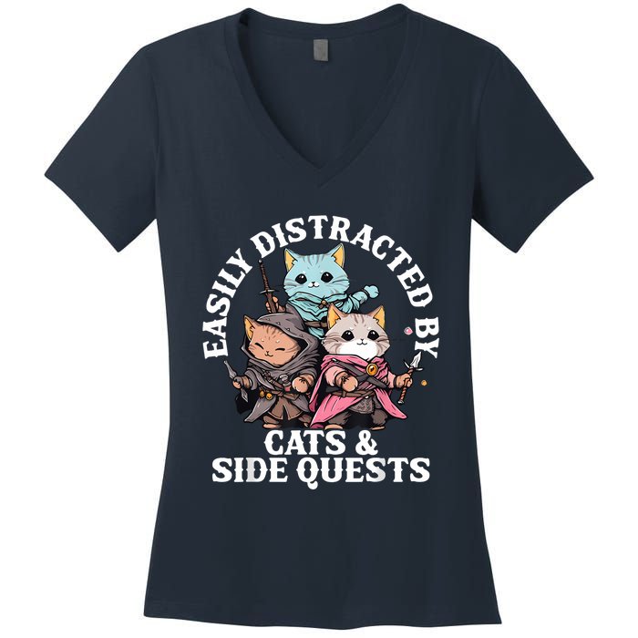 Rpg Gamer Cats Side Quest Distracted Nerdy Tabletop Fun Women's V-Neck T-Shirt