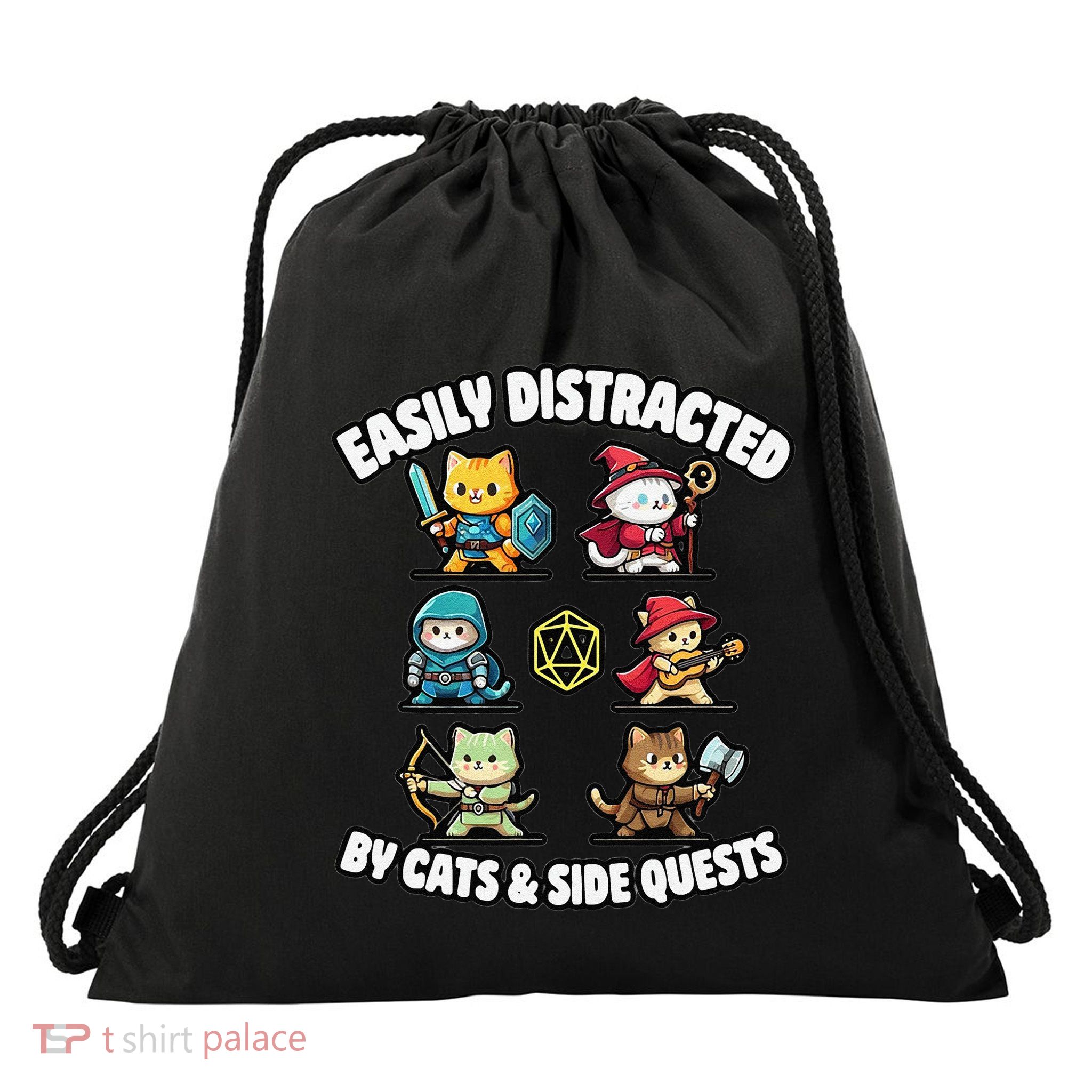 Rpg Gamer Cats Side Quests D20 Dice Nerdy Cat Drawstring Bag