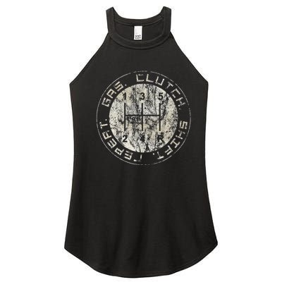 retro Gas. Clutch. Gap. Repeat. Drivers Stick Shift 5 Speed Women’s Perfect Tri Rocker Tank