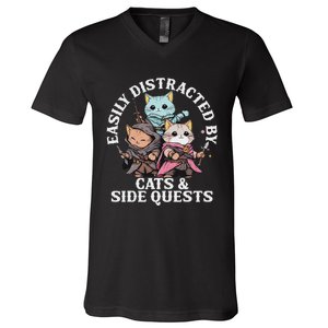 Rpg Gamer Cats Side Quest Distracted Nerdy Tabletop Fun V-Neck T-Shirt