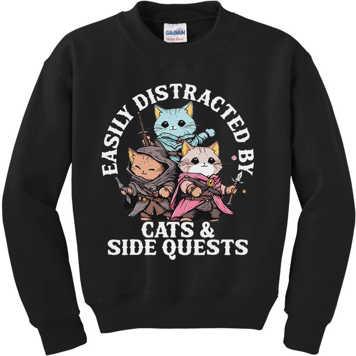 Rpg Gamer Cats Side Quest Distracted Nerdy Tabletop Fun Kids Sweatshirt