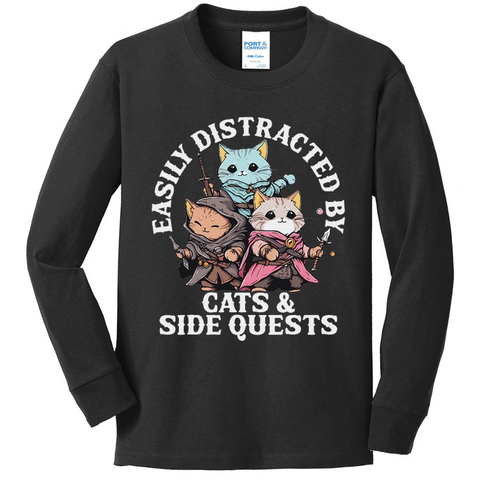 Rpg Gamer Cats Side Quest Distracted Nerdy Tabletop Fun Kids Long Sleeve Shirt