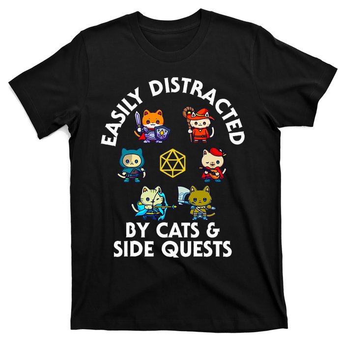 Rpg Gamer Cats Side Quests D20 Dice Nerdy Cat T-Shirt