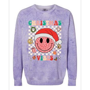 Retro Groovy Christmas Vibes Funny Smile Face SantaS Hat Gift Colorblast Crewneck Sweatshirt