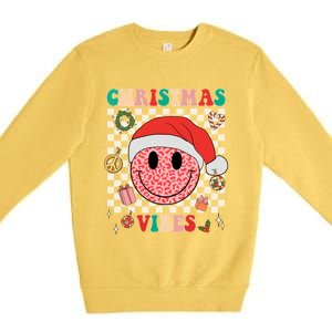 Retro Groovy Christmas Vibes Funny Smile Face SantaS Hat Gift Premium Crewneck Sweatshirt