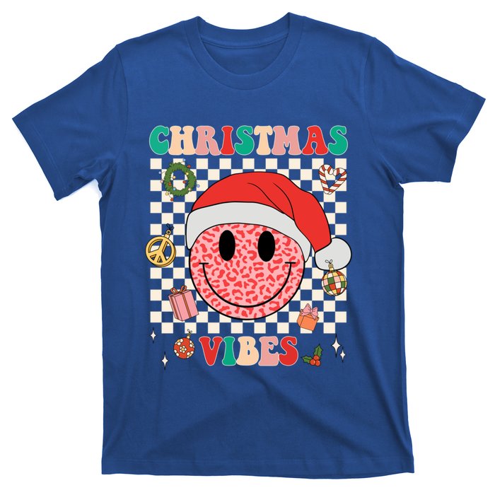 Retro Groovy Christmas Vibes Funny Smile Face SantaS Hat Gift T-Shirt