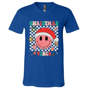 Retro Groovy Christmas Vibes Funny Smile Face SantaS Hat Gift V-Neck T-Shirt