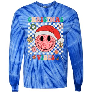 Retro Groovy Christmas Vibes Funny Smile Face SantaS Hat Gift Tie-Dye Long Sleeve Shirt