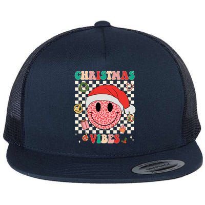 Retro Groovy Christmas Vibes Funny Smile Face SantaS Hat Gift Flat Bill Trucker Hat