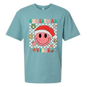 Retro Groovy Christmas Vibes Funny Smile Face SantaS Hat Gift Sueded Cloud Jersey T-Shirt